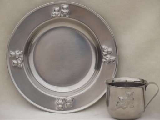 Stainless steel baby cup & plate w/ teddy bears, vintage Selandia - Japan