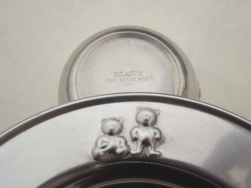 Stainless steel baby cup & plate w/ teddy bears, vintage Selandia - Japan