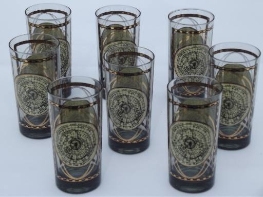 Steampunk bar glasses, retro vintage tumblers w/ antique world map print