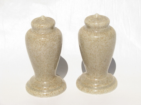 Stone speckled pottery S&P shakers, retro mid-century salt and pepper