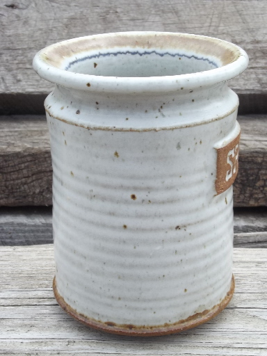 Stoneware pottery spoon holder, 70s 80s vintage kitchen canister jar