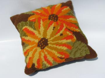 Sunflowers in yellow & orange, retro 70s hand-stitched throw pillow