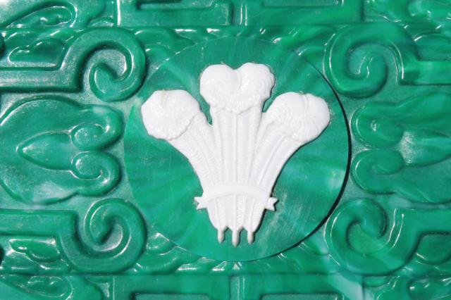 swank vintage Emeraude malachite green plastic dresser box w/ carved design 