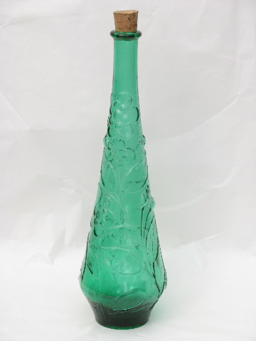 Tall green glass bottle for oil or vinegar, retro natural cork stopper