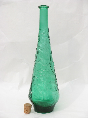 Tall green glass bottle for oil or vinegar, retro natural cork stopper