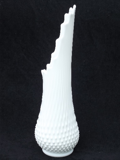 Tall milk glass vase, hobnail pattern swung shape 60s vintage art glass