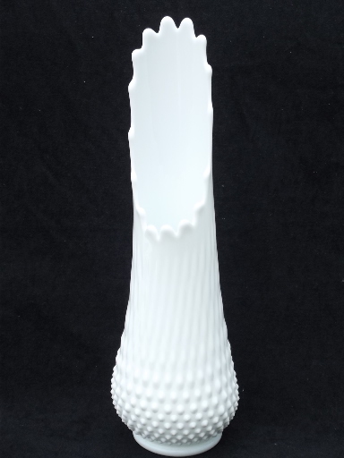 Tall milk glass vase, hobnail pattern swung shape 60s vintage art glass