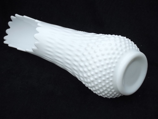 Tall milk glass vase, hobnail pattern swung shape 60s vintage art glass