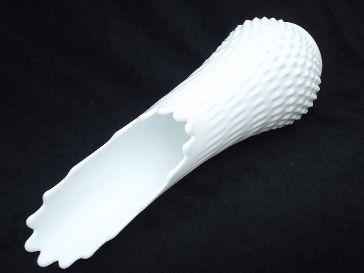 Tall milk glass vase, hobnail pattern swung shape 60s vintage art glass