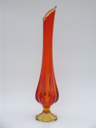 Tall mod amberina orange swung glass vase, 60s vintage Blenko style