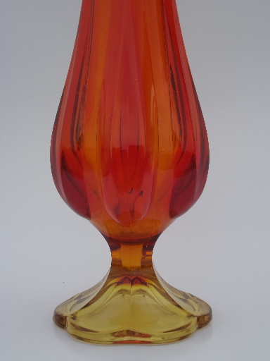 Tall mod amberina orange swung glass vase, 60s vintage Blenko style