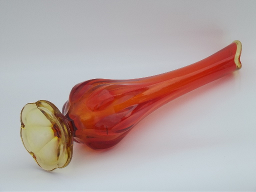 Tall mod amberina orange swung glass vase, 60s vintage Blenko style