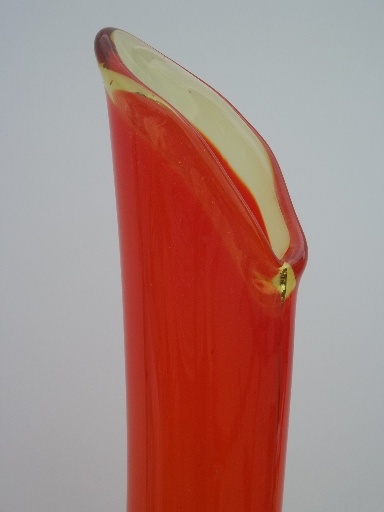 Tall mod amberina orange swung glass vase, 60s vintage Blenko style