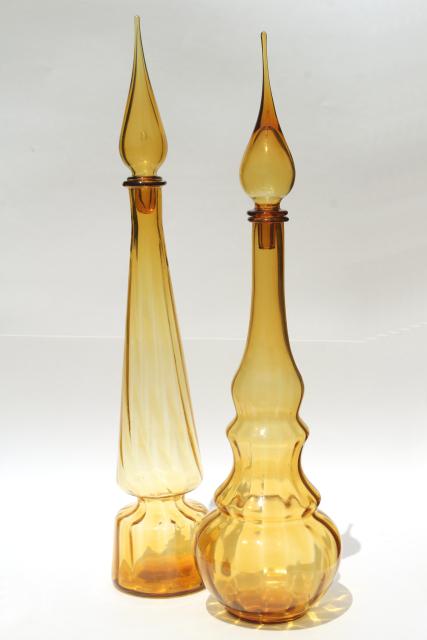 tall mod art glass genie bottle decanters, 60s vintage amber glass bottles w/ stoppers