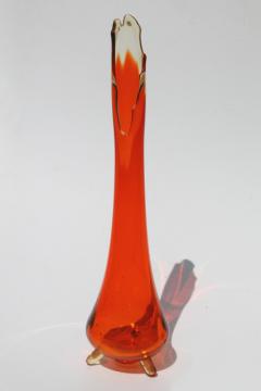 tall mod art glass vase w/ retro flame orange color, 60s vintage hand-blown glass