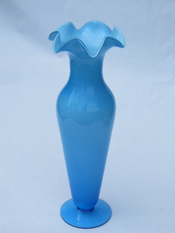 Tall mod blue cased milk glass vase, 60s vintage hand-blown art glass