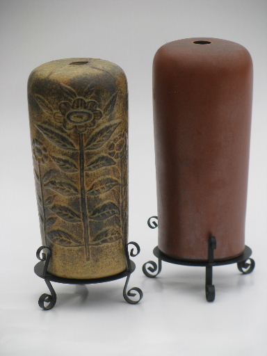 Tall pottery owls, 70s vintage fairy light lamps for pillar candles