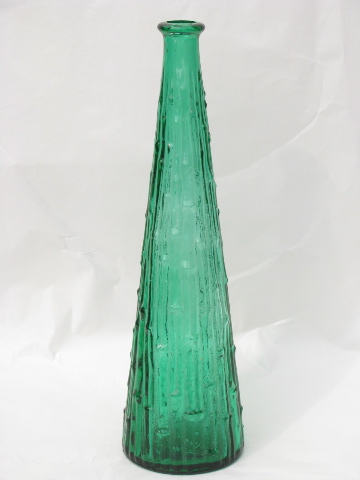 Tall retro art glass bottle vase, 60s vintage, jade green bamboo