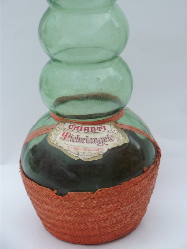 Tall retro bubble shape glass bottle Italian Chianti, vintage Italy