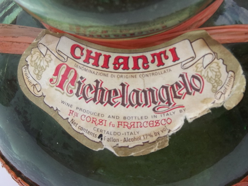 Tall retro bubble shape glass bottle Italian Chianti, vintage Italy