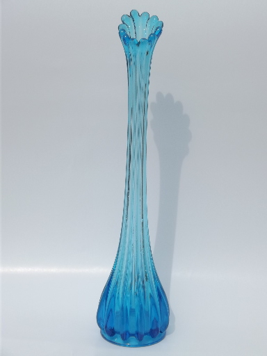 Tall swung glass vase, 60s vintage   blown & pressed art glass, aquamarine blue