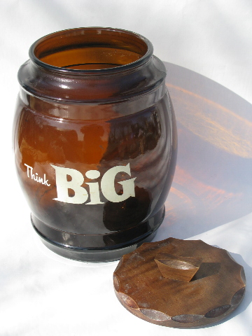Think Big, large brown glass cookie jar, retro vintage SiestaWare