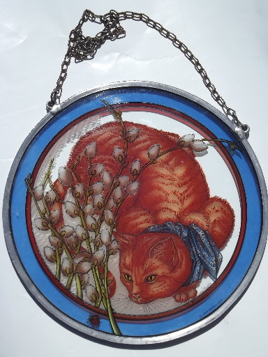 Tiger striped orange tabby cat, 70s vintage Glassmasters suncatcher