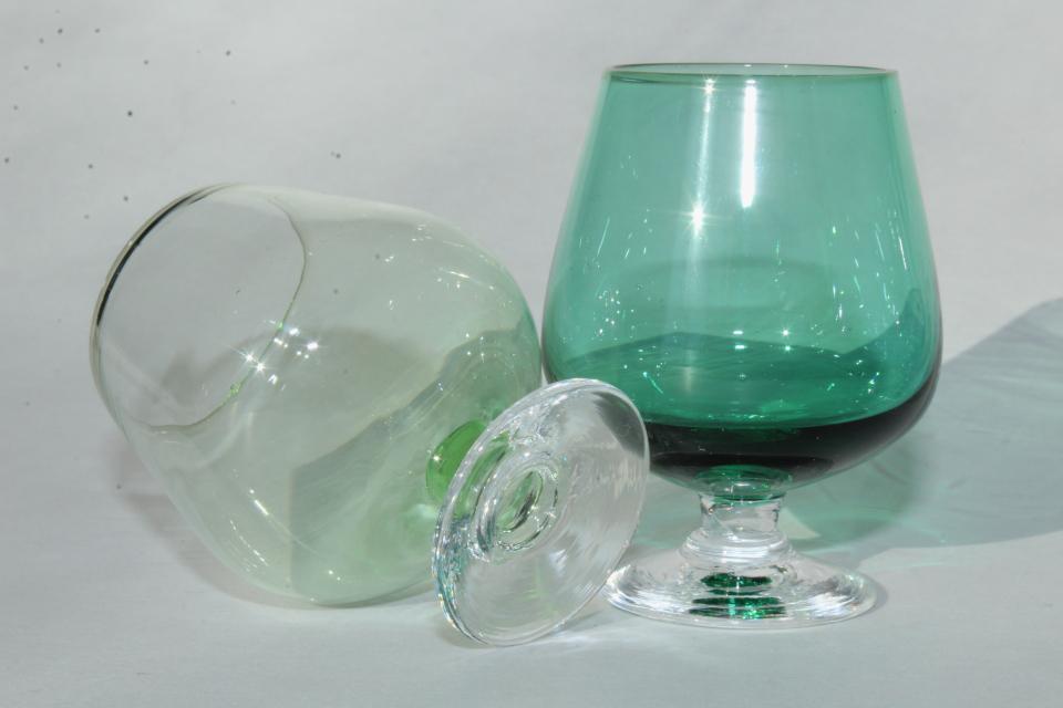 tiny liqueurs or shot glasses, iridescent colored glass brandy snifter bowls w/ clear stems