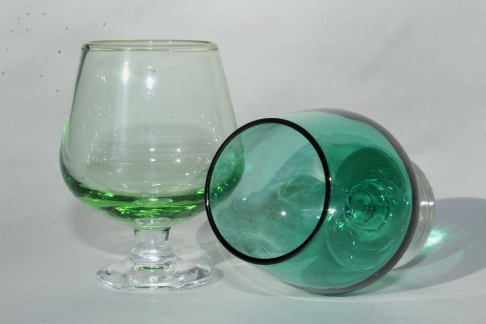 tiny liqueurs or shot glasses, iridescent colored glass brandy snifter bowls w/ clear stems