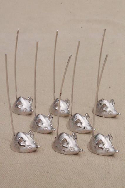 tiny metal mice hors d'oeuves servers, vintage Napier silver tone mouse cheese picks