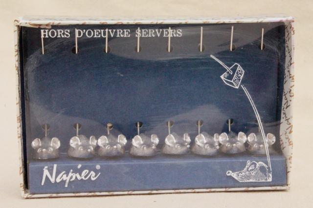 tiny metal mice hors d'oeuves servers, vintage Napier silver tone mouse cheese picks