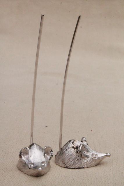 tiny metal mice hors d'oeuves servers, vintage Napier silver tone mouse cheese picks