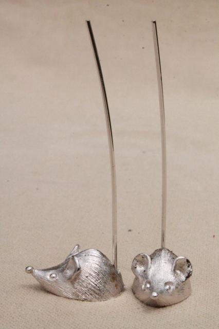 tiny metal mice hors d'oeuves servers, vintage Napier silver tone mouse cheese picks