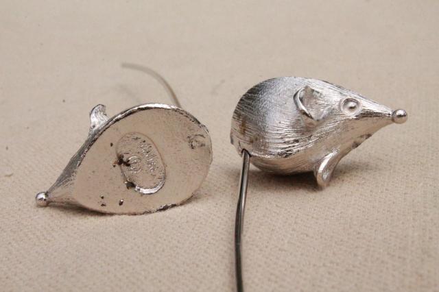 tiny metal mice hors d'oeuves servers, vintage Napier silver tone mouse cheese picks