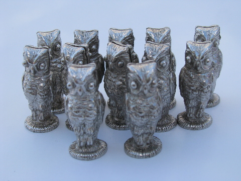 Tiny metal owls, retro vintage name place card holders, set of 12