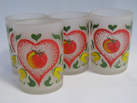 Tomato Love vintage juice glasses, retro painted glass tumblers set
