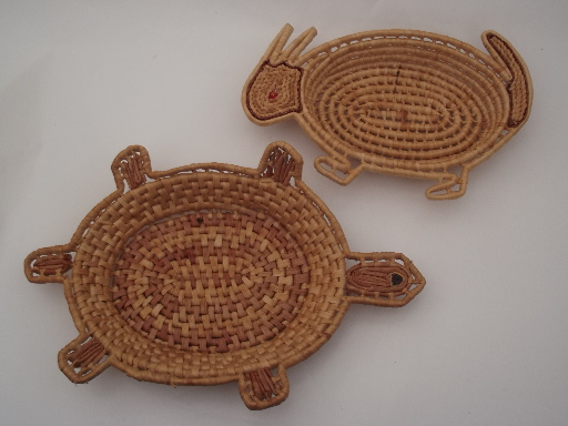 Tortoise and the hare coiled palm leaf basket trays, rabbit and turtle