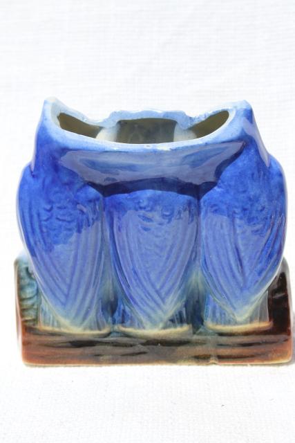 trio of owls retro ceramic planter, vintage pottery flower plant pot