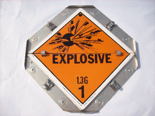 Truck cargo warning flip sign, safety orange Explosive