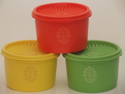 Unused vintage Tupperware canister containers, green, orange, yellow