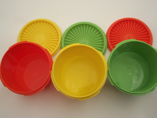 Unused vintage Tupperware canister containers, green, orange, yellow