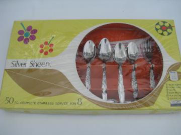 Utica stainless Silver Sheen flatware, 50 piece set for 8, original box