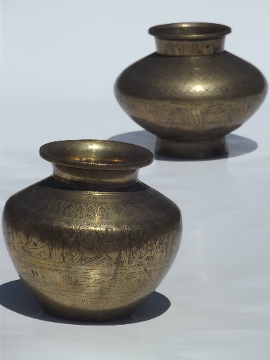 Very heavy old engraved brass urns, solid brass jar vases heavily tooled