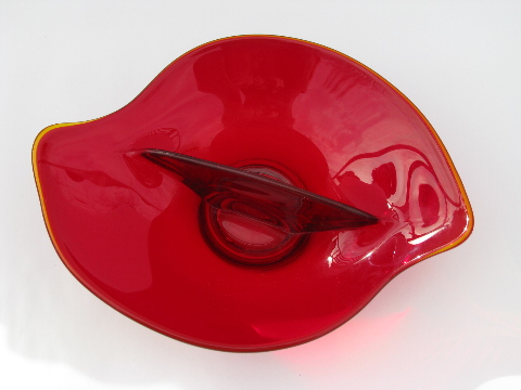 Viking Epic retro vintage free-form dish, ruby red glass divided bowl