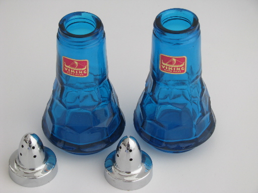 Viking label retro blue glass Georgian salt and pepper shakers