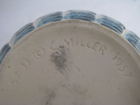 Vintage 1957 Miller ceramic carafe, mod blue & black hand-painted pottery jug