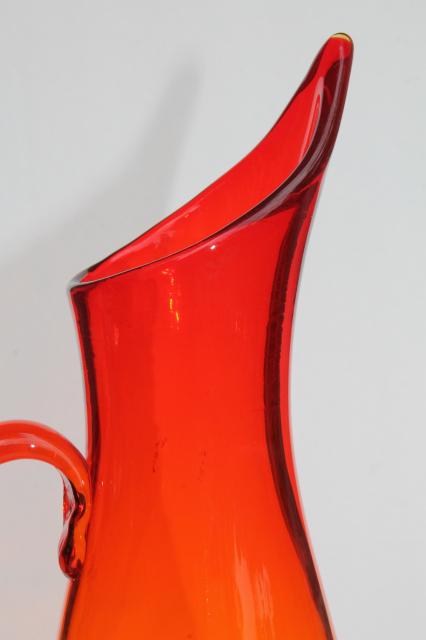 vintage 1963 Blenko glass pitcher Anderson #976, tall wide bottom shape amberina orange