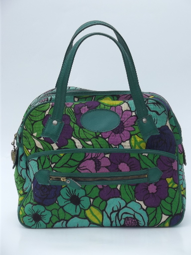 Vintage 60s 70s satchel purse, bright retro floral print handbag