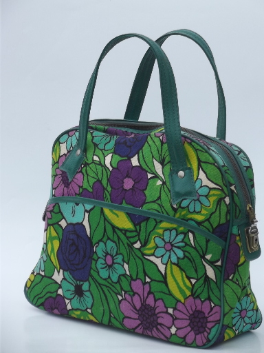Vintage 60s 70s satchel purse, bright retro floral print handbag
