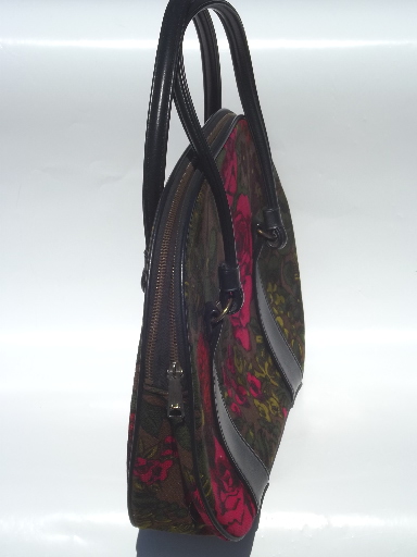 Vintage 60s 70s satchel purse, retro roses floral print weekender handbag